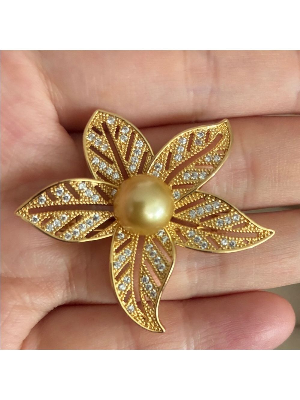 Gold South Sea Pearl Brooch, Gold Pearl Flower Pin, Elegant Gift for Mom